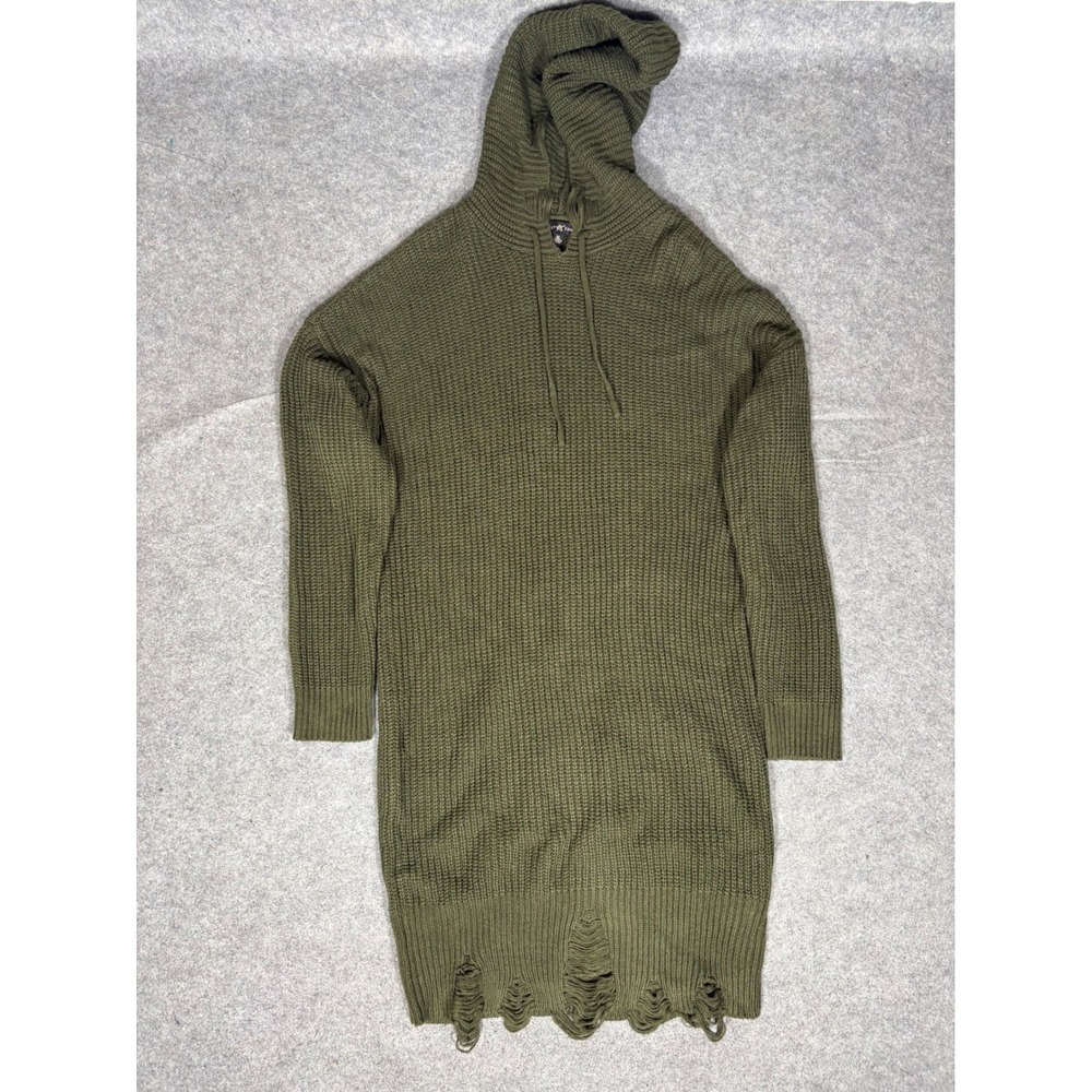 Almost Famous Olive Green Distressed Hem Hooded‎ Knit Sweater Dress Womens XL